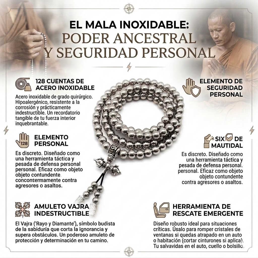 Collar cadena Buda defensa, de acero de 128 bolas 8MM, cuentas tibetanas protection - Imagen 4