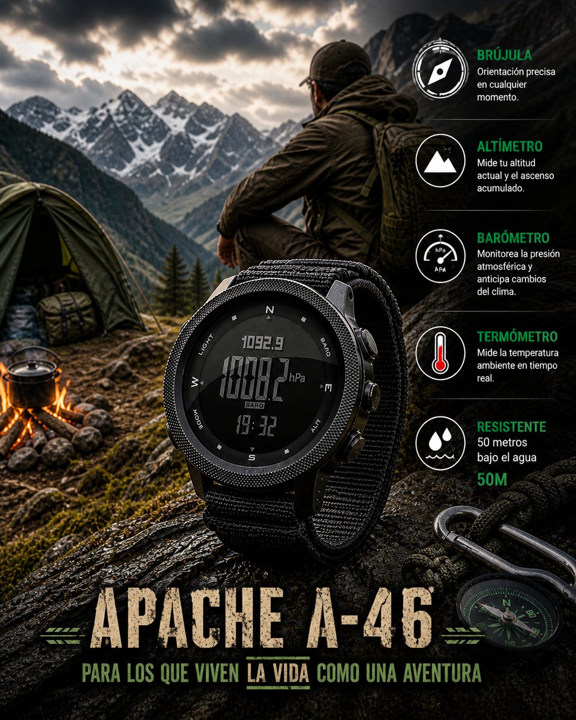 Reloj Apache Militar A-46 altímetro, barómetro, termómetro, brújula, sumergible 50m