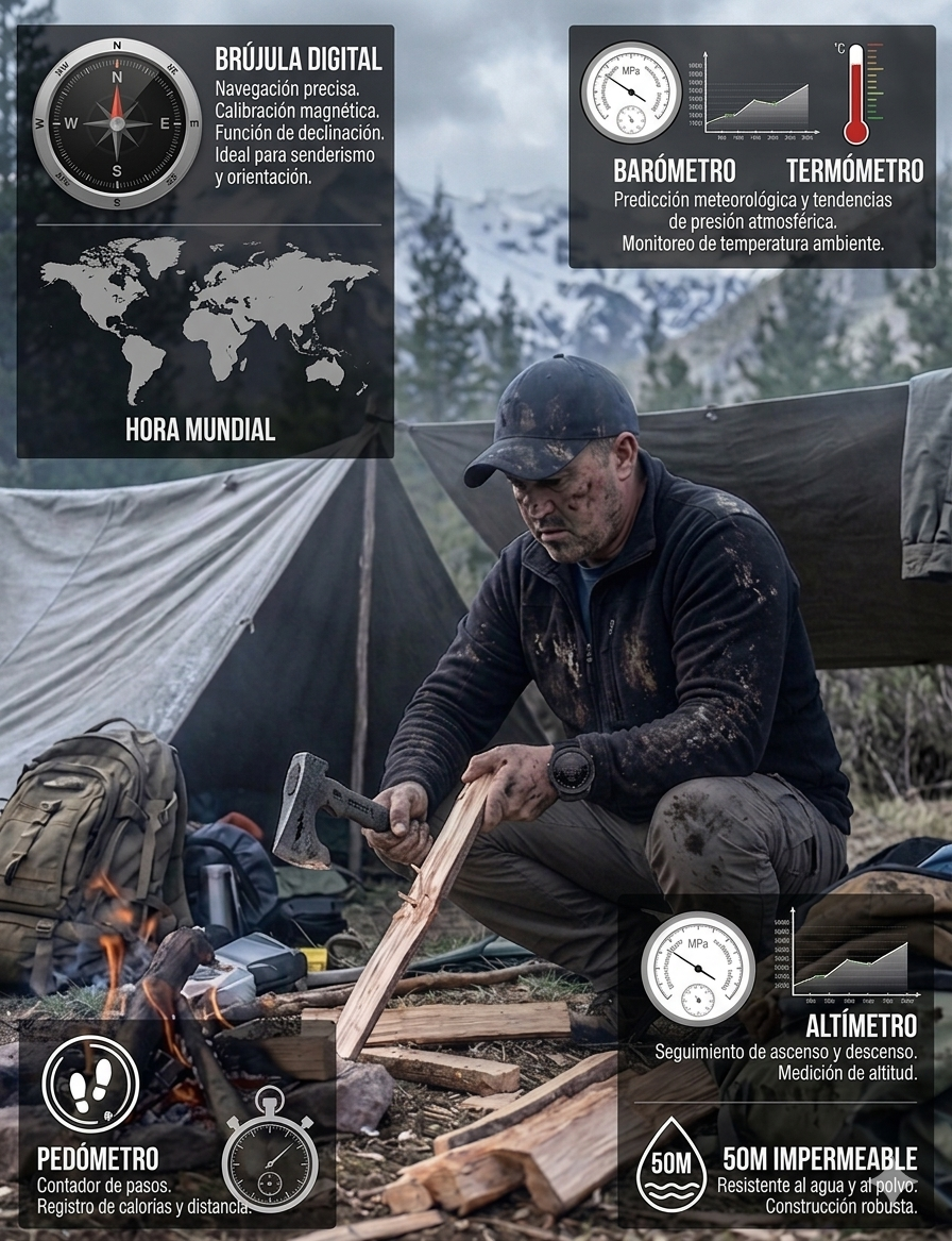 Reloj Apache Militar A-46 altímetro, barómetro, termómetro, brújula, sumergible 50m - Imagen 3